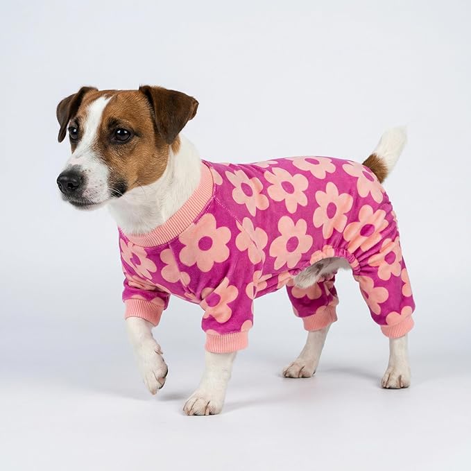 Fitwarm Flower Fleece Dog Pajamas, Warm Winter Dog Clothes for Small Dogs Girl, Cozy Pet Onesie with Feet, Pink, XS