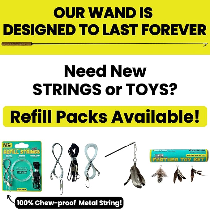 Forever Stick - The Unbreakable Cat Wand Toy, Extra Long Durable Cat String Toy for Indoor Cats, Cat Fishing Pole Toy for Bored Indoor Adult Cats, Feather String Toy On Stick Enrichment