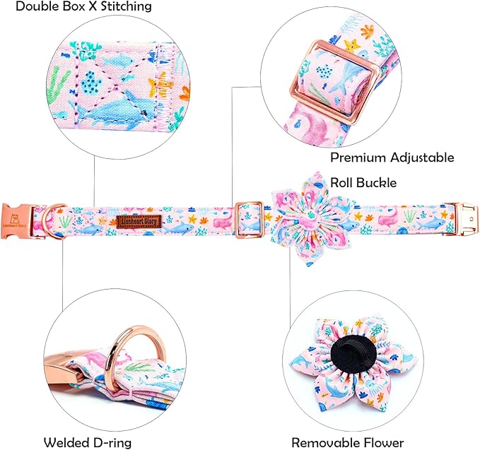 Lionheart glory Dog Collar Flower Pink Dog Collars with Flower Summer Cute Sea Animals Print Collar Dog Female Soft Durable Adjustable Dog Collars for Large Dogs