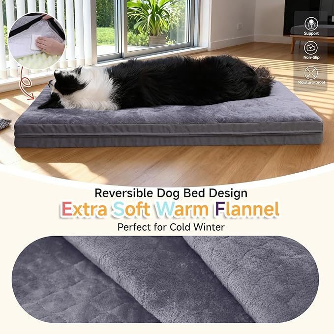 Waterproof Dog Bed for Crate - Outdoor Crate Pad for Small Medium Dogs, Orthopedic Egg Crate Foam, Anti-Slip, Reversible & Washable Cover, 29" x 18", Gray