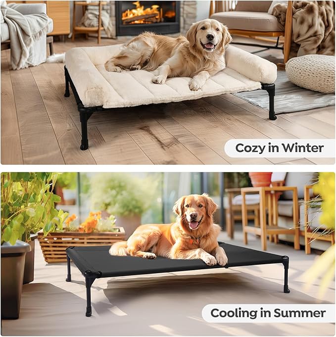 Veehoo Orthopedic Elevated Dog Bed + Removable Fluffy Pillow-Top Mat, Plush Dog Bed with Bolster, Breathable Mesh, No-Slip Feet, Portable Raised Dog Bed for Indoor & Outdoor, 32"x25", Medium, CWC2331E