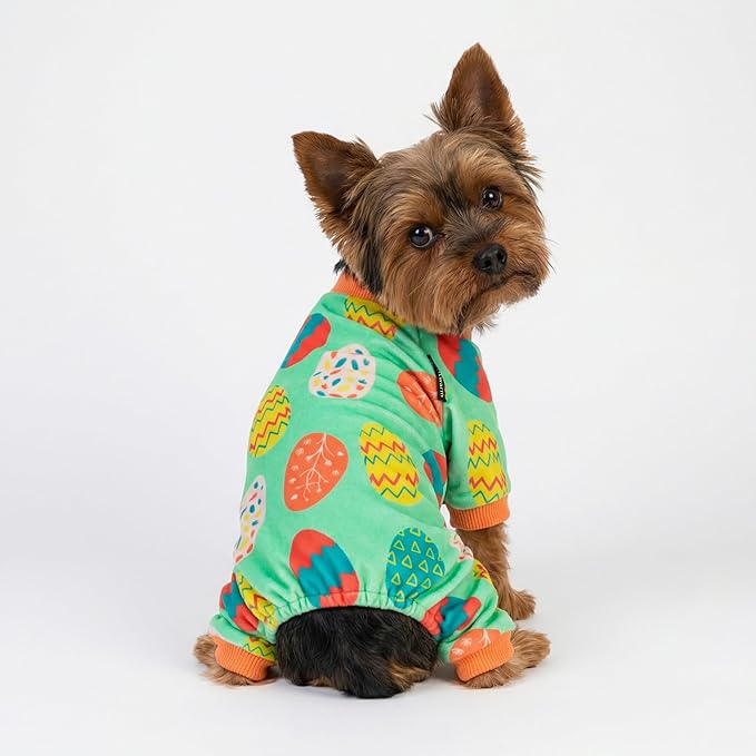 Fitwarm Easter Egg Dog Pajamas, Holiday Dog Clothes for Small Dogs Girl Boy, Pet Easter Outfit, Puppy Cat Onesie, Lightweight Velvet, Light Green, Orange, XS