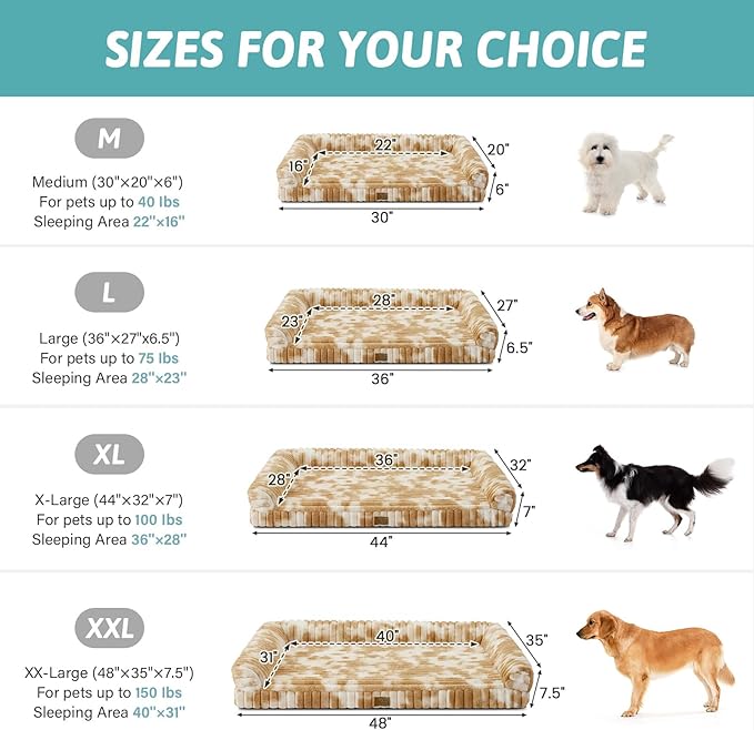 Cute Dog Bed for Large Dogs, Faux Rabbit Fur Orthopedic Foam Dog Bed with Sides, Removable Washable Cover & Waterproof Lining, Comfortable Pet Couch, Tie-Dye Brown (44" L x 32" W x 7" Th)