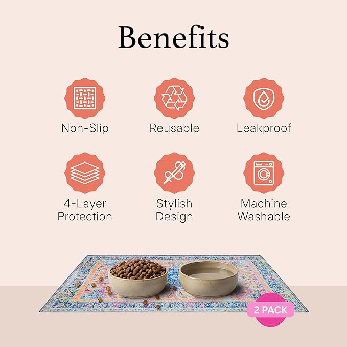 LOVEWAG Waterproof 2-Pack Pet Feeding Mats - 16" x 24" Premium Cat & Dog Food Mat - Non-Slip, Machine Washable Food Mat Protects Floors & Contains Water Bowl Spills - Place Mats (Marmalade Sunshine)