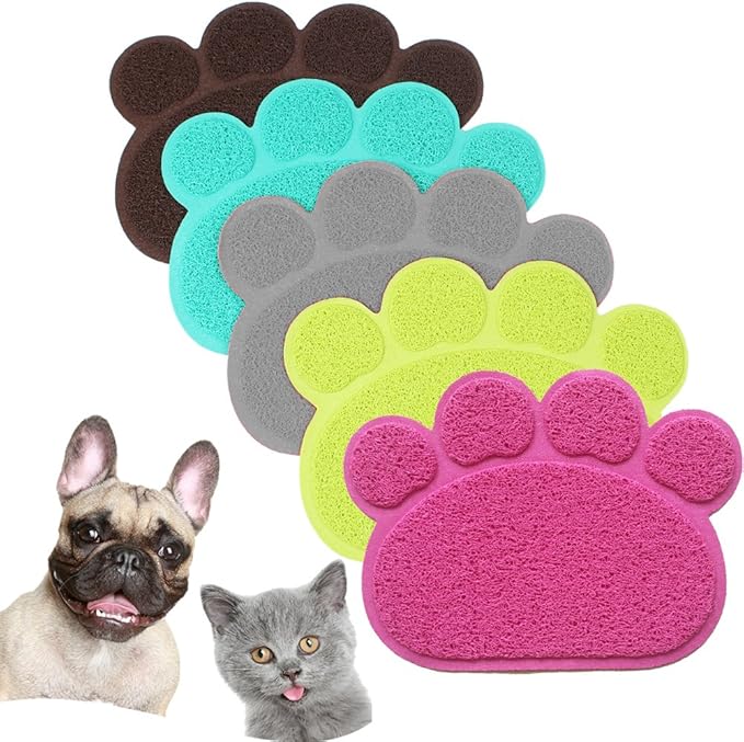 PVC Pet Dog Cat Puppy Kitten Dish Bowl Food Water Feeding Placemat, Non-Slip Cat Litter Mat Paw Shape, Grey Large