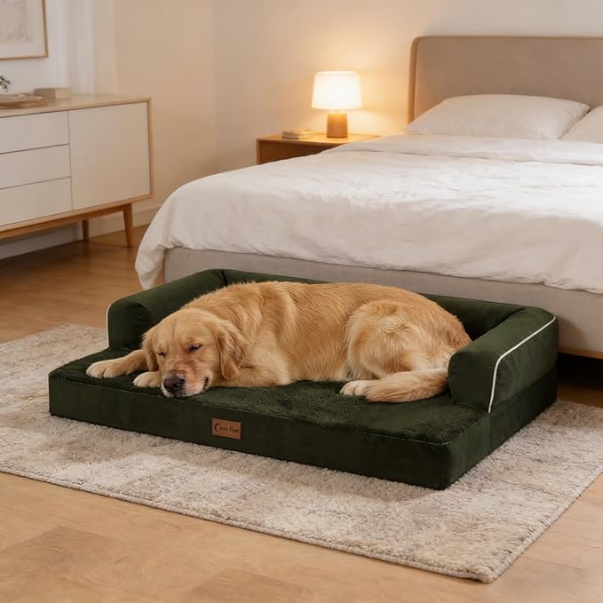 Orthopedic Dog Beds for Large Sized Dogs, Waterproof Egg Crate Foam Large Dog Couch Beds with Comfy Bolster 36x27Inch, Washable Pet Beds with Removable Cover and Nonskid Bottom, Olive Green