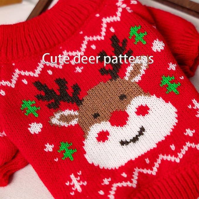 Christmas Dog Outfit Red Puppy Sweater for Small Dogs Girl Boy Elk Snowflake Cat Knitwear Reindeer Knitted Pet Clothes Santa Deer Costume for Chihuahua Yorkie Poodle (Red-2, Large)