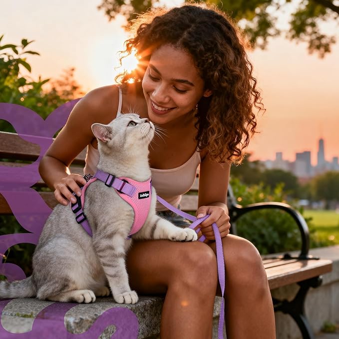 rabbitgoo Cat Harness and Leash for Walking, Escape Proof Soft Adjustable Vest Harnesses for Cats, Easy Control Breathable Reflective Strips Jacket, Pink & Purple, XS