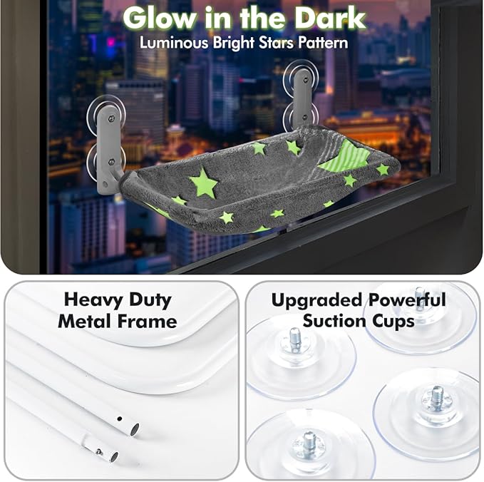 Cat Window Perch, Glow in The Dark Cordless Foldable Pet Hammock Bed for Window with Sturdy Metal Frame, Glowing Stars Pattern Resting Seat for Indoor Cats (Stars - M)