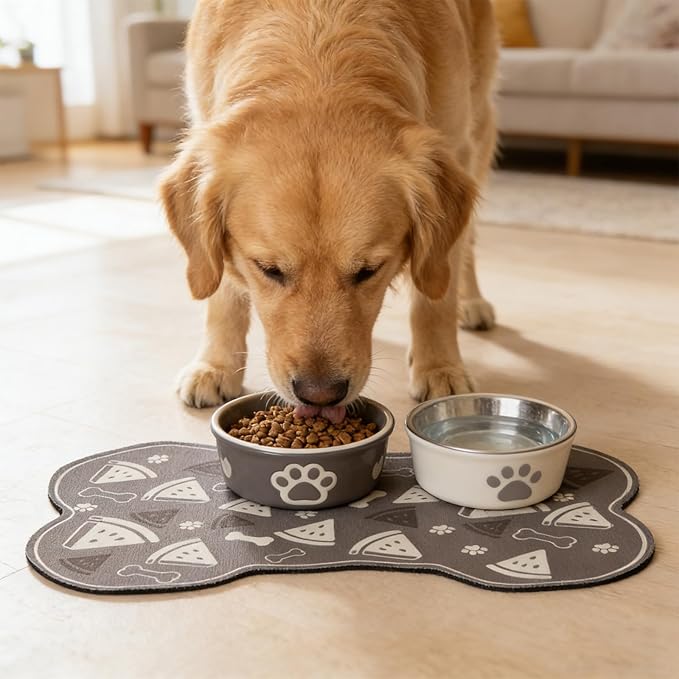 Dog Food Mat, 0.15” Thickened Super Absorbent Pet Feeding Mat for Food and Water, Fruit Donut Pattern Cat Placemat, Quick Dry Non-Slip Dog Bowl Mat, Water Splash Proof（Large Donut Blue）