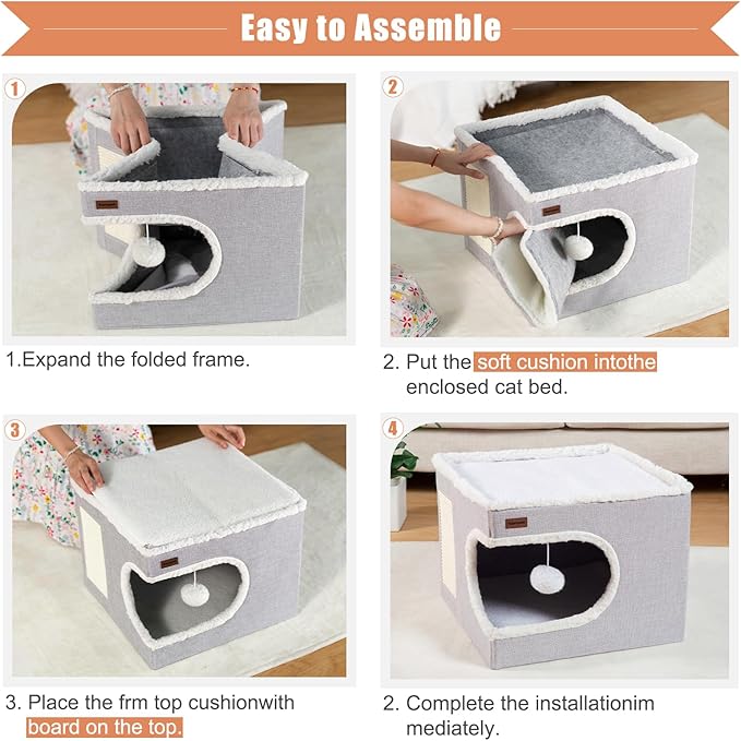 Cat Bed for Indoor Cats Cube House, Covered Cat Cave Beds & Furniture with Scratch Pad and Hideaway Tent, Cute Modern Cat Condo for Multi Small Pet Large Kitten Kitty, Navy