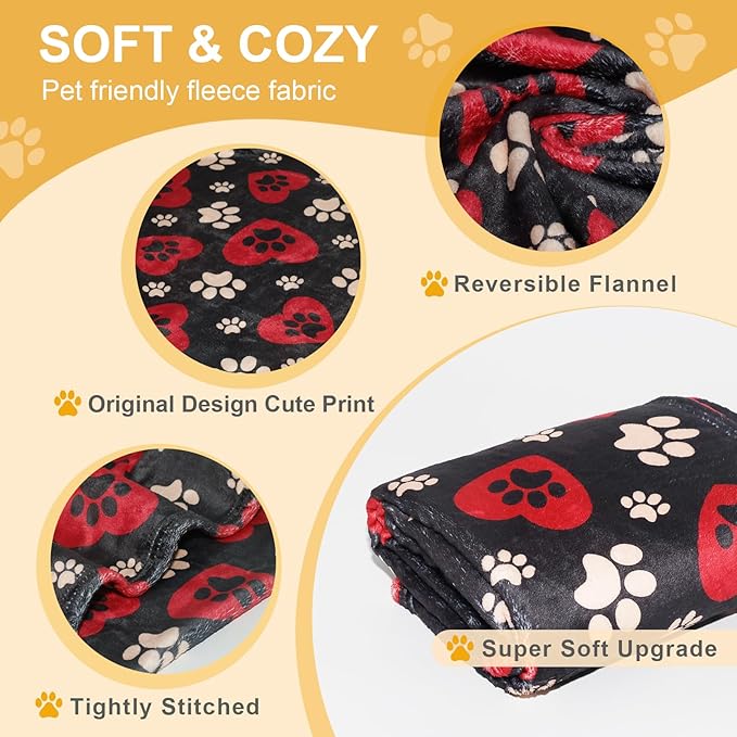 Dog Blankets for Large Dogs, 50"x40" Blanket Washable, Fuzzy Soft Pet Mat Throw Cover for Kennel Crate Bed, Cute Paw Pattern, Cat Blanket, Gifts Medium Small Pet Essentials, Black Red