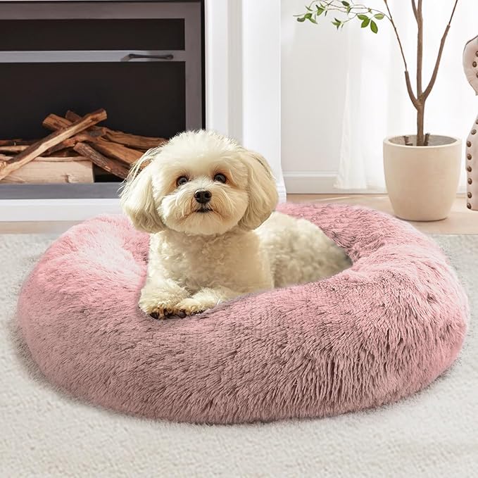 JOLLYVOGUE Calming Small Dog & Cat Bed for Indoor Cats - 20 inches Washable Donut Bed for Kittens & Puppies, Anti-Anxiety Round Fluffy Plush Pet Beds (Fits up to 15 lbs, Dark Pink)