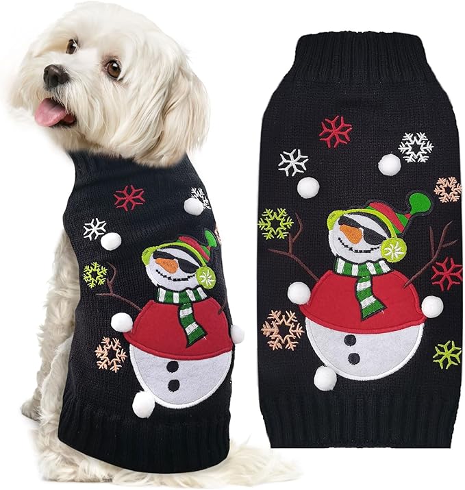 Christmas Dog Sweaters Xmas Pet Outfit Clothes Cute Black Snowman Costume Puppy Cat Knitted Jumpers (XS,Black Snowman)