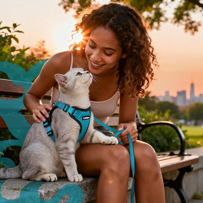 rabbitgoo Cat Harness and Leash for Walking, Escape Proof Soft Adjustable Vest Harnesses for Cats, Easy Control Breathable Reflective Strips Jacket, Teal, M
