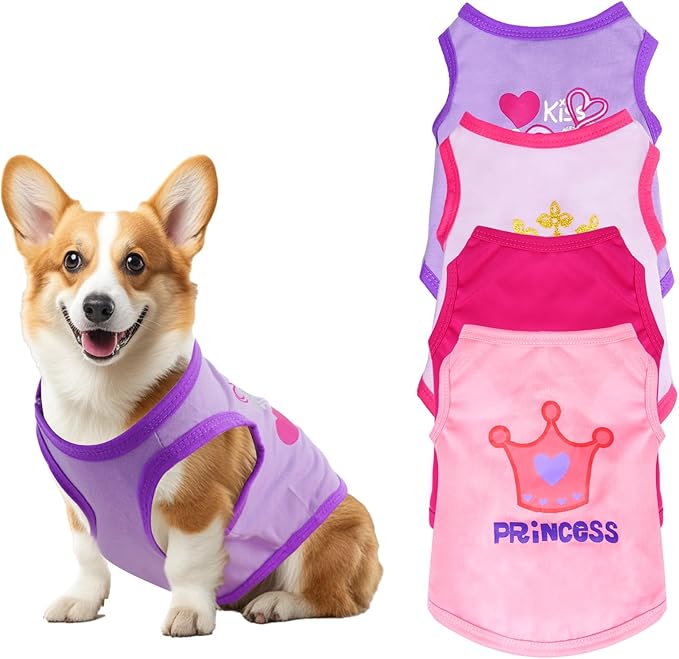 4 Pack Dog Shirts Summer Printed Puppy Clothes Cute Sleeveless Pet T Shirts Dog Clothes for Small Medium Dogs Cats Girl(L)