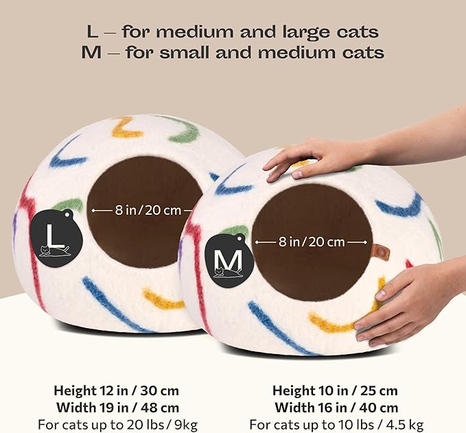 MEOWFIA Cat Cave – Premium Felt Cat Bed for Indoor Cats, Handmade Merino Wool (Ivory Rainbow, Large)