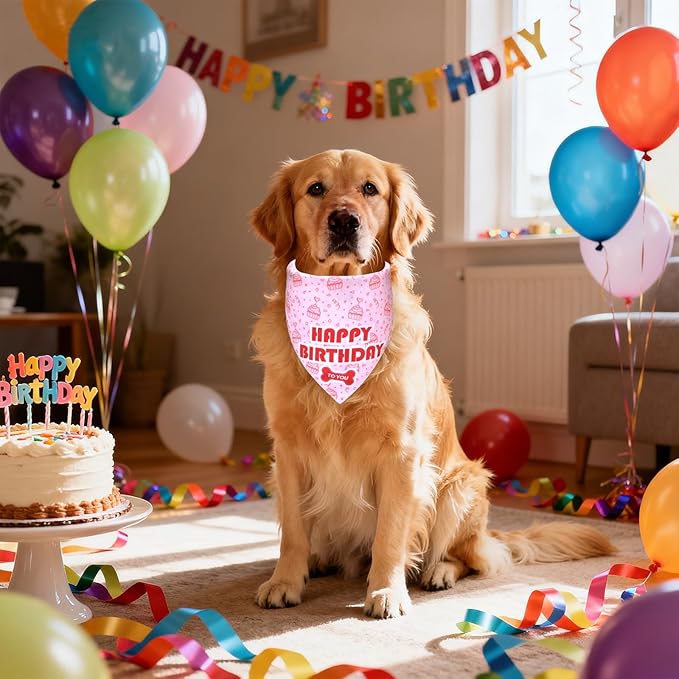 Dog Birthday Bandana Girl for Large to X-Large Dogs, Reversible 2 Patterns in 1, White & Pink Confetti Scarf, Puppy Party Outfit Gift (18-23" Neck)