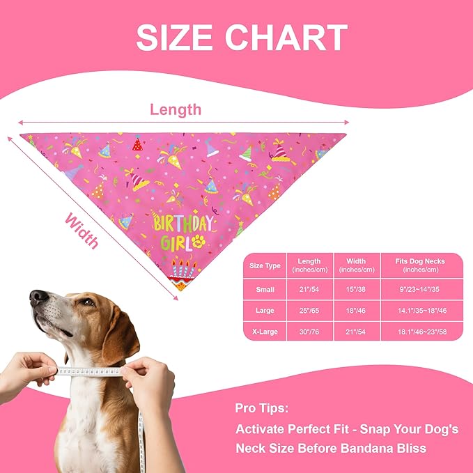 Dog Birthday Bandana Girl for Medium Large Dogs, Reversible 2 Patterns in 1, Pink Confetti Scarf, Happy Birthday Party Outfit Puppy Gift (14-18" Neck)