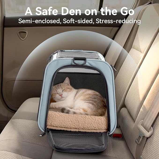 PETSFIT Soft-Sided Cat Carrier with Patented Safety Buckles, Lockable Zippers & Safety Tether,Escape-Resistant Travel Pet Carrier for Car Rides & Vet Visits, Airline Approved Under-Seat, Up to 12 lbs