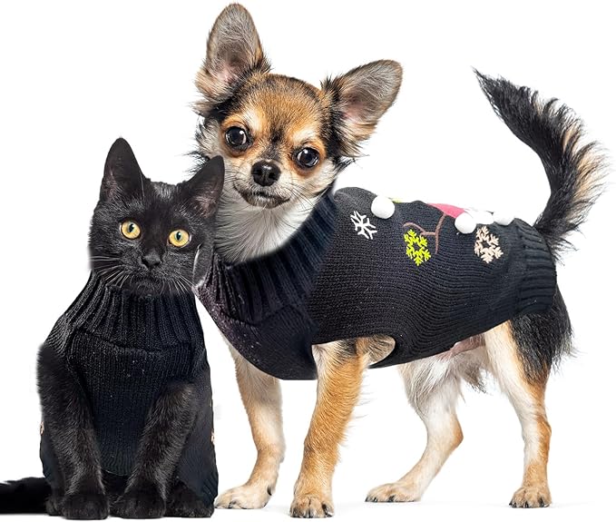 Christmas Dog Sweaters Xmas Pet Outfit Clothes Cute Black Snowman Costume Puppy Cat Knitted Jumpers (XS,Black Snowman)