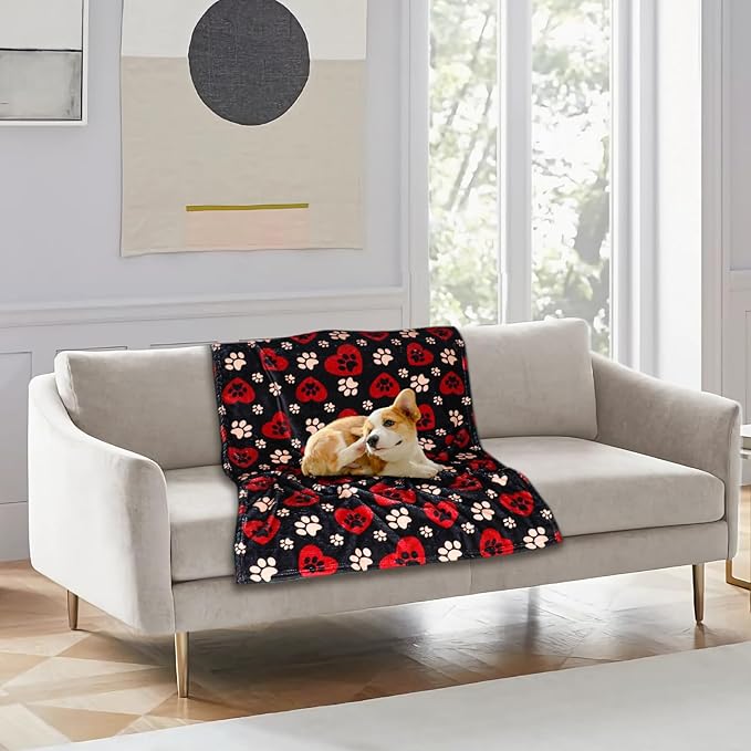 Dog Blankets for Large Dogs, 50"x40" Blanket Washable, Fuzzy Soft Pet Mat Throw Cover for Kennel Crate Bed, Cute Paw Pattern, Cat Blanket, Gifts Medium Small Pet Essentials, Black Red