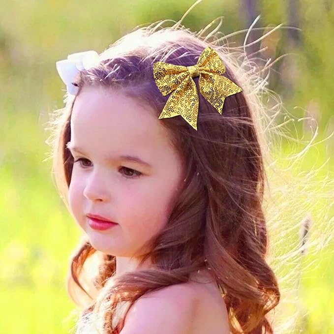 3-inch Sequined Bow Hair Clips For Baby Girls, Toddler, Kids and Young Women Birthday Party Wedding Christmas Occasions Pet Accessories Set of 2 (Silver)