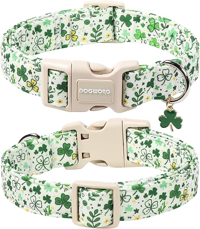 DOGWONG St Patrick's Dog Collar, Green Clover Pet Collar Cotton Holiday Pet Collar Cute Puppy Collar Adjustable Pet Dog Collars for Small Dogs,S