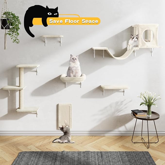 NUNU LAB Wall Mounted Cat Furniture Set - 6 Pcs Climber Set with House, Bridge, Steps, Scratcher Board - DIY Walls Playground, Indoor Cat Shelves - White
