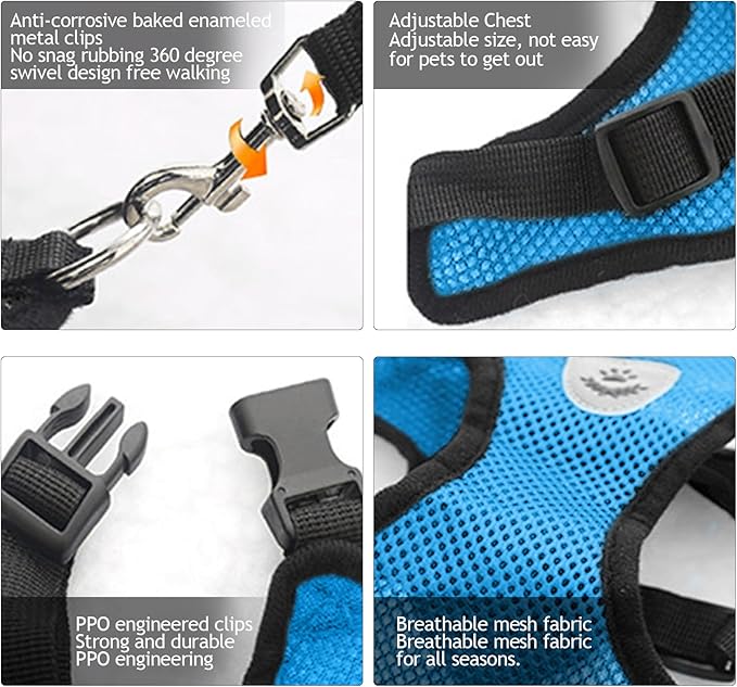 shudyear Summer cat Chest Harness and Leash, Anti-Escape Adjustable Soft mesh cat Leash and Chest Harness Set for All Types of Cats cat Vests (Size S, Sky Blue)