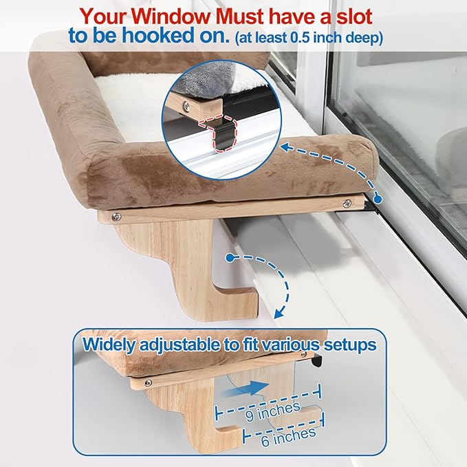 Zakkart Cat Perch for Window Sill with Bolster - Orthopedic Hammock Design with Premium Hardwood & Robust Metal Frame - Cat Window Seat for Large Cats and Kittens - Natural Color Wood Gray Bed, 24''W