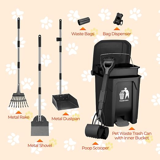 20L Dog Poop Trash Can Outside with Pooper Scooper, Inner Bucket, Stainless Steel Dustpan, Rake & Shovel, Waste Bags for Dog Poop Disposal