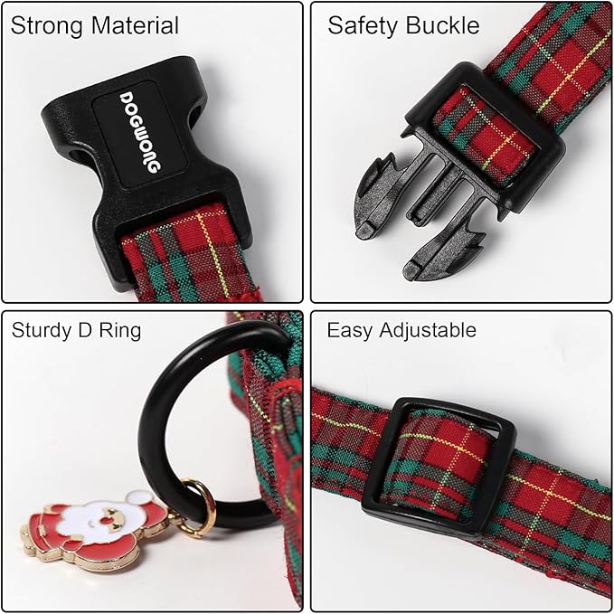 DOGWONG Christmas Plaid Dog Collar- Adjustable Red Tartan Collar, Scottish Red Grid Dog Collar with Strong Plastic Buckle for Small Medium Large Dogs,S
