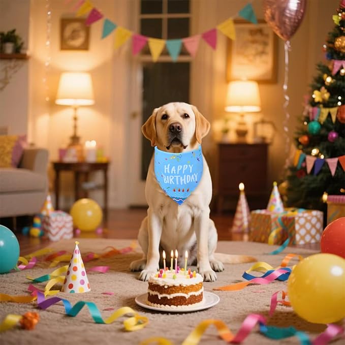 Dog Birthday Bandana Boy for Large X-Large Dogs, Reversible 2 Patterns in 1, Blue Confetti Scarf, Happy Birthday Party Outfit Puppy Gift (18-23" Neck)