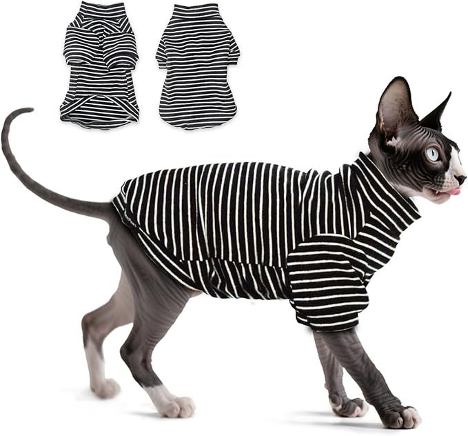 Fleece Sphynx Cat Clothes Soft Hairless Cat Clothes Pullover Cat Sweater for Chihuahua All Season Light and Warm Kitten Cloth for Cats Only Puppy Clothes Small Dog Sweater (B-Striped, S)