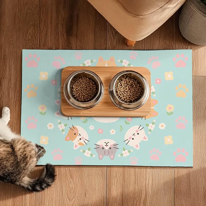 Cat Feeding Mat 24x16 inch Kitten Print Pet Bowl Placemat Non Slip Floor Mat for Food and Water Indoor Kitty Feeding Station Cute Meal Pad for Small Pets Kitchen Use