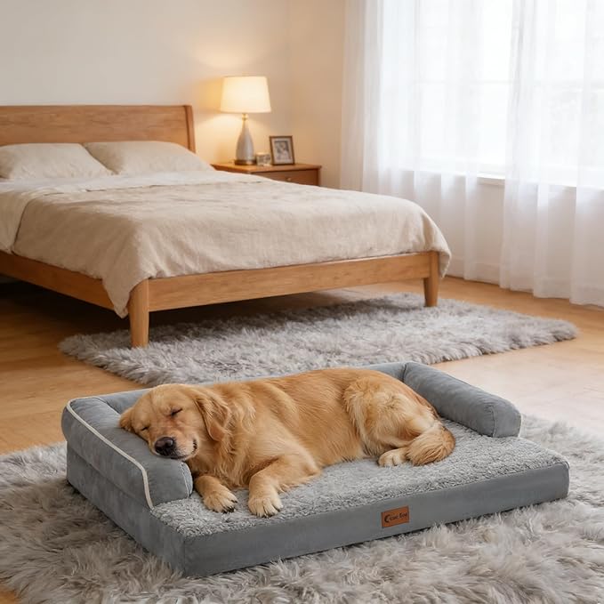 Orthopedic Dog Beds for Extra Large Dogs, Waterproof Egg Crate Foam XL Dog Bed with Sides 45x35Inch, Big Dogs Couch Beds with Removable Washable Cover and Nonskid Bottom, Grey