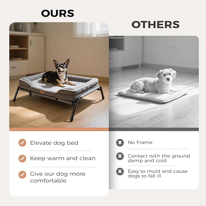 Lekereise Raised Dog Bed for Small Dog 32x25 Inch, Comfortable Orthopedic Pet Beds with Egg Crate Foam, Removable Dogs Couch Bed for Indoor Outdoor, Load 40lb, Grey