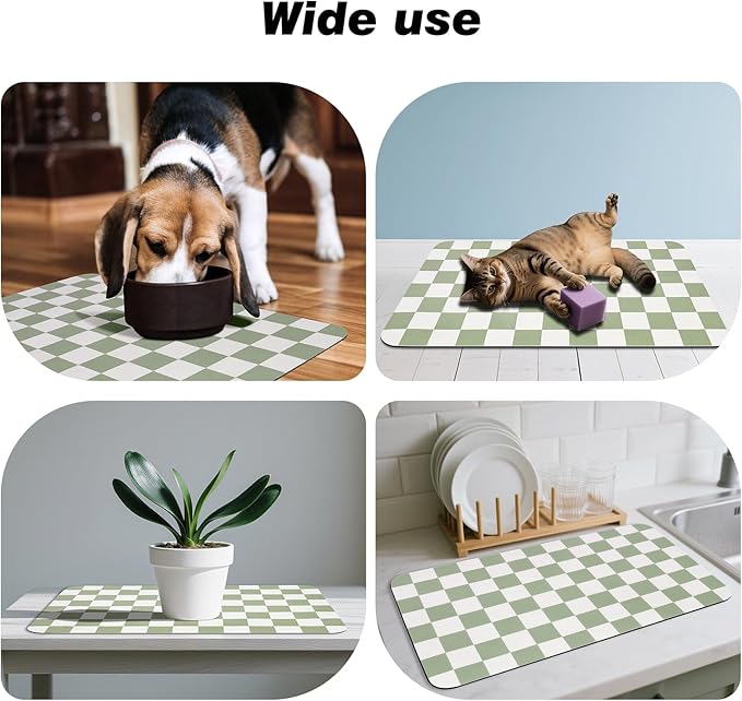 Checkered Dog Food Mat, Absorbent Leak-Proof Pet Feeding Mat, Quick Dry Cat Food Mat for Messy Drinkers 16" x 24" Green