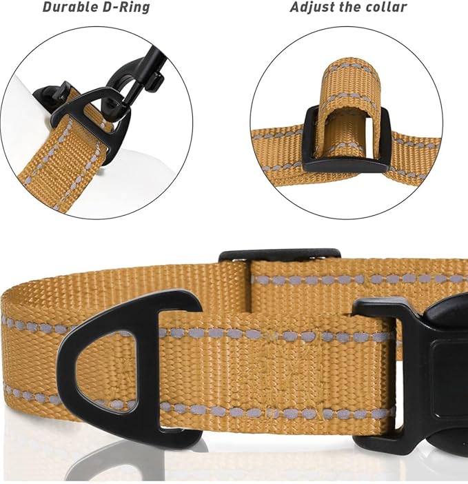 TagME Reflective Nylon Dog Collars, Adjustable Classic Collar with Quick Release Buckle for Small Dogs, Khaki, 3/4" Width