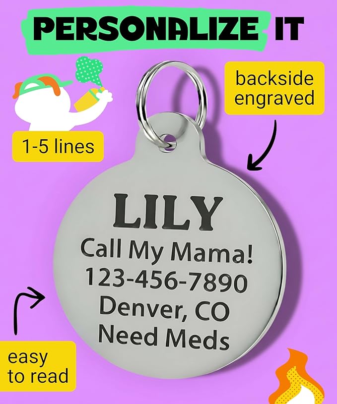 Bad Tags Personalized Dog and Cat ID Tags in 25+ Designs and 2 Sizes - 5 Lines of Custom Engraved Text - Funny Cute Personalized Pet Tags (House Hippo - Pink, Large (1.25 inch))