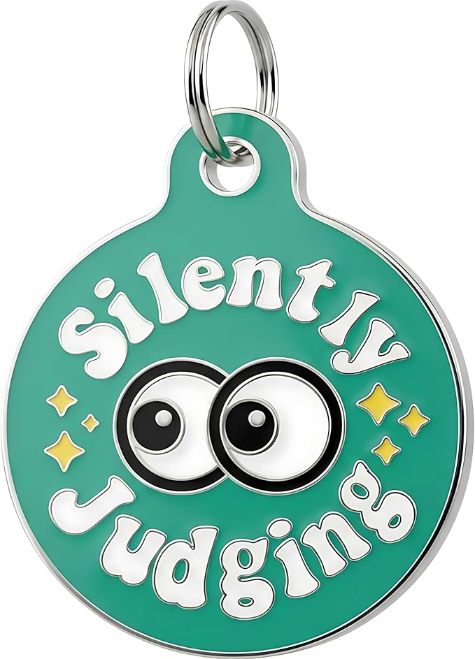 Bad Tags Personalized Dog and Cat ID Tags in 25+ Designs and 2 Sizes - 5 Lines of Custom Engraved Text - Funny Cute Personalized Pet Tags (Silently Judging - Green, Small (1 inch))