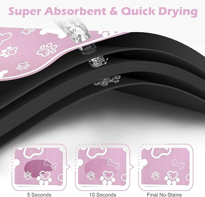 Dog Cat Mat for Food and Water,Rapid Absorbent Pet Feeding Mat, Bone Shaped Dog Placemat Bowl Mat with Rubber Backing,No Stains Pet Food Mats Indoor, Pet Accessories Supplies,Pink 16"×24"