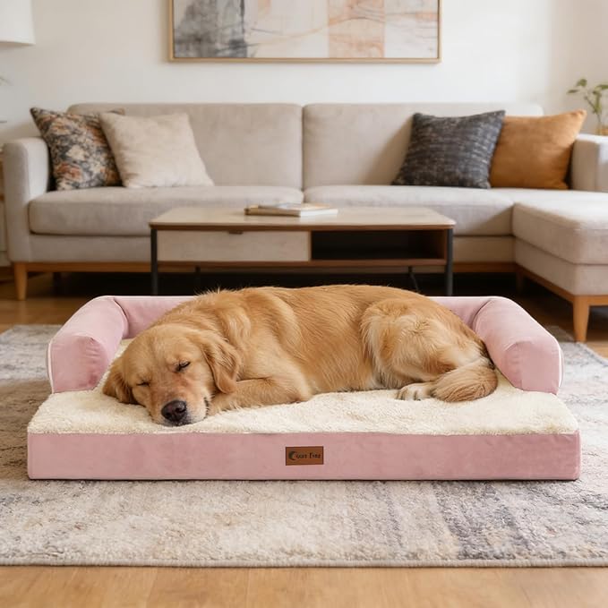 Orthopedic Dog Beds for Large Sized Dogs, Waterproof Egg Crate Foam Medium Dog Couch Beds for Crate 35x22Inch, Washable Pet Beds with Removable Cover and Nonskid Bottom, Pink