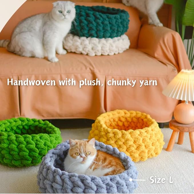 Cat Nest Bed - Premium Self Warming Handwoven Washable Extra Soft Round Cave House for Indoor Kitten & Kitty, Small & Large (DGreen,Medium)