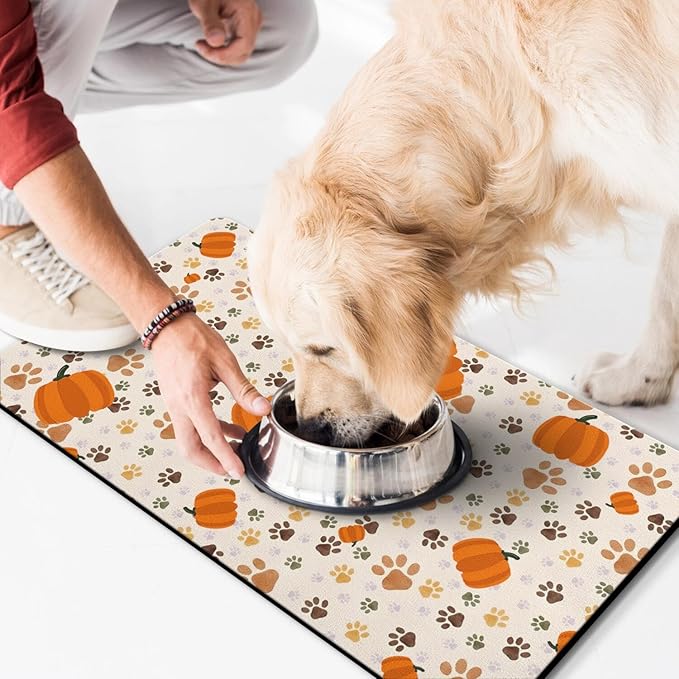Fall Pumpkin Dog Food & Water Mat, Paw Prints Autumn Pet Feeding Mat for Floor Non-Slip Waterproof, Super Absorbent Cat Bowl Mat, Easy to Clean Eco-Friendly Durable Pet Placemat,17" × 30"