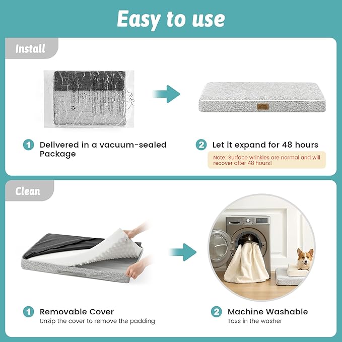 Dog Crate Bed for Medium Small Size Dogs, Rectangular Orthopedic Dog Beds, Foam Anti-Slip Bottom Pet Mat with Washable Removable Cover, Suitable for Pet Up to 40 lbs, 30x20x3 inch, Grey