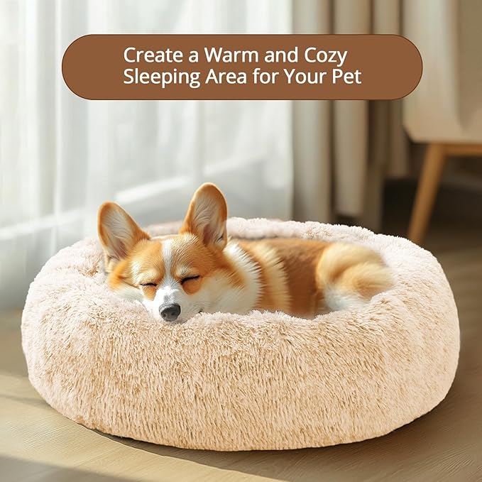 JOLLYVOGUE Calming Dog Bed Medium Size Dog, Anti-Anxiety Donut Medium Pet Bed, 27 inches Fluffy Faux Fur Round Cat Bed (Off White)