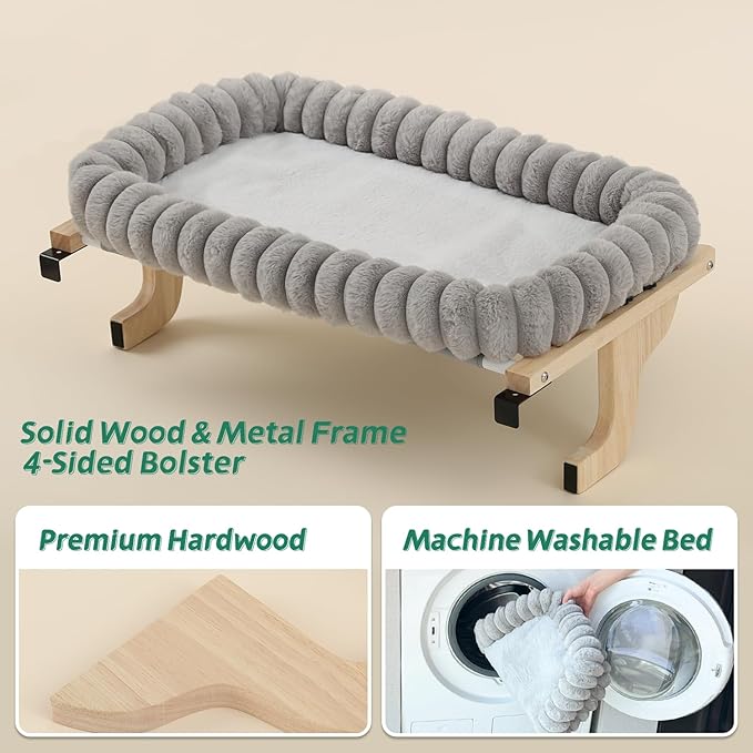 Zakkart SnugCloud Cat Perch for Window Sill with 4-Sided Bolster - Orthopedic Cat Window Hammock - Solid Hardwood & Metal Frame - Window Seat for Pets (Natural Color Wood w/Gray Bed, Medium)