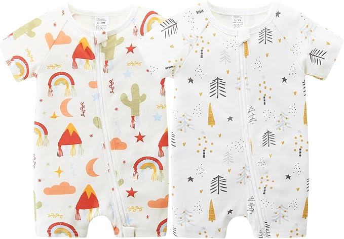Unisex Summer Trendy 2-Pack Rompers Short Sleeve Zipped Bodysuit Infant Cotton Outfits
